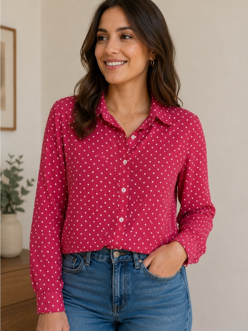 Bright Pink Polka Dot Button-Front Blouse